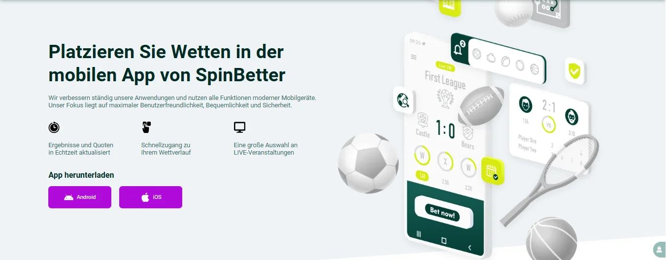 SpinBetter App Download Seite mit Android und iOS Optionen