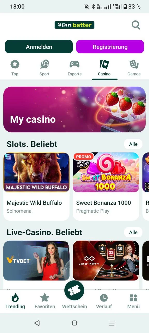 SpinBetter Casino und Live Casino in der App-Ansicht