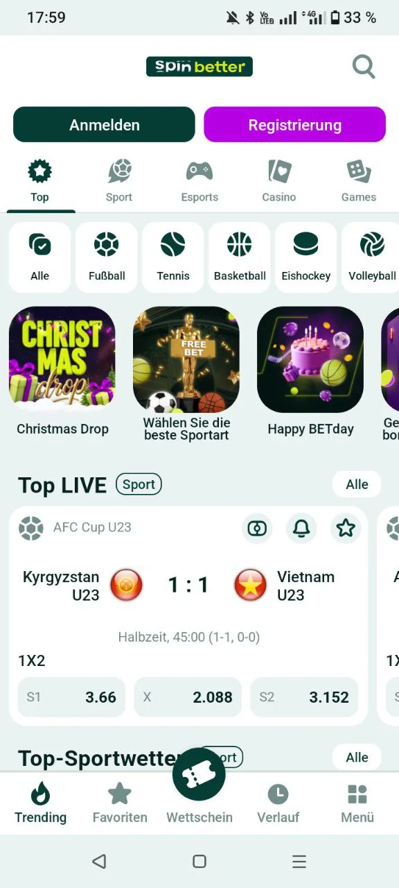 SpinBetter App Hauptbildschirm