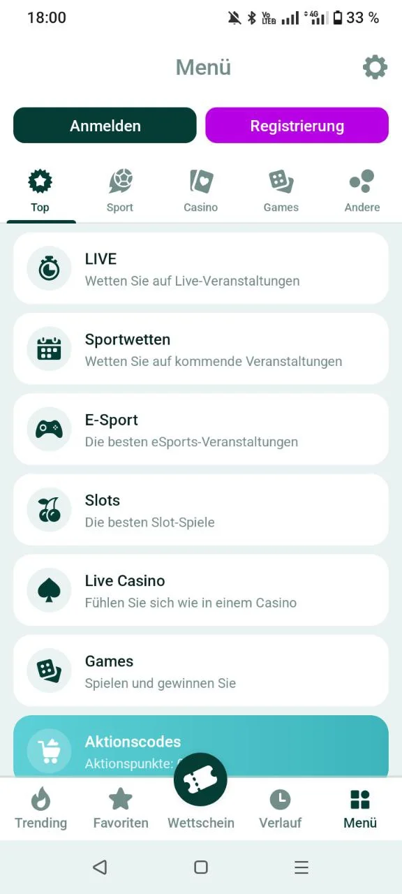 SpinBetter App Menü mit allen Kategorien