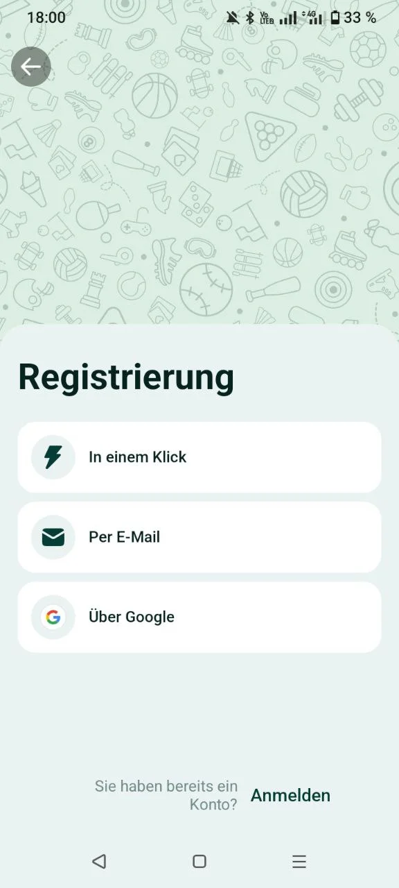 SpinBetter App Registrierungsbildschirm mit drei Optionen