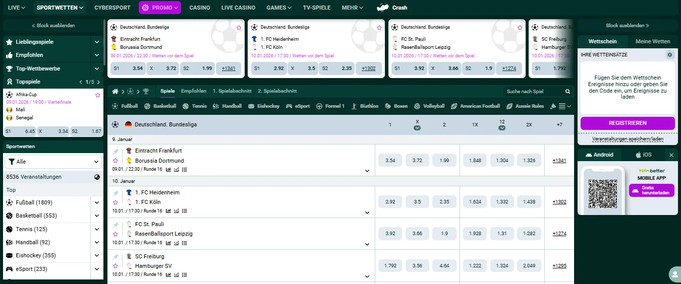 SpinBetter Sportwetten Oberfläche mit Bundesliga-Spielen