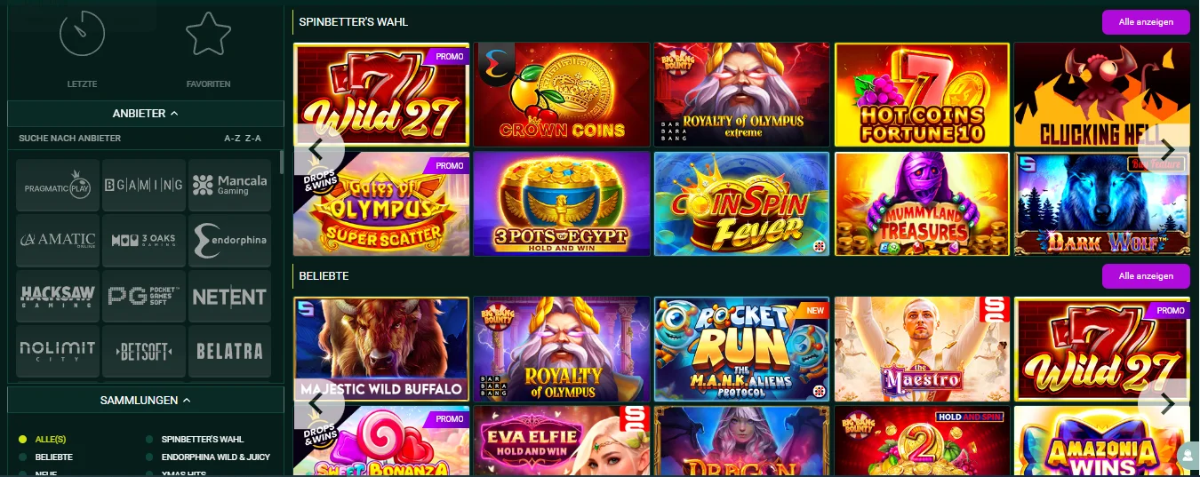 SpinBetter Casino Slots Lobby mit Anbietern und Spielkategorien