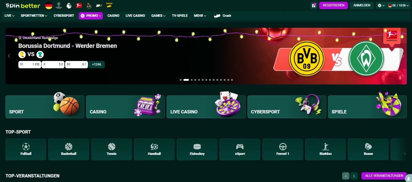 SpinBetter Hauptseite mit Sport- und Casino-Angeboten
