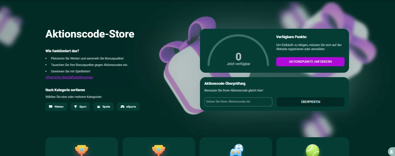 SpinBetter Aktionscode-Store mit Bonuspunkten
