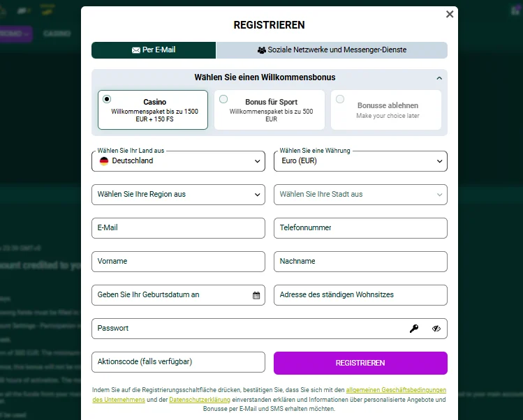 SpinBetter Registrierungsformular per E-Mail mit Bonusauswahl